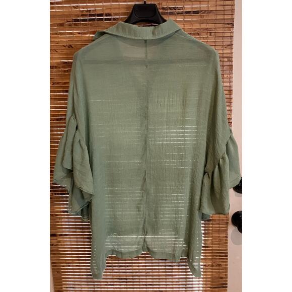 MY GIRLS by Material Girl Small Green Sheer Top Ruffle Sleeves Button Up Collar - Picture 2 of 6